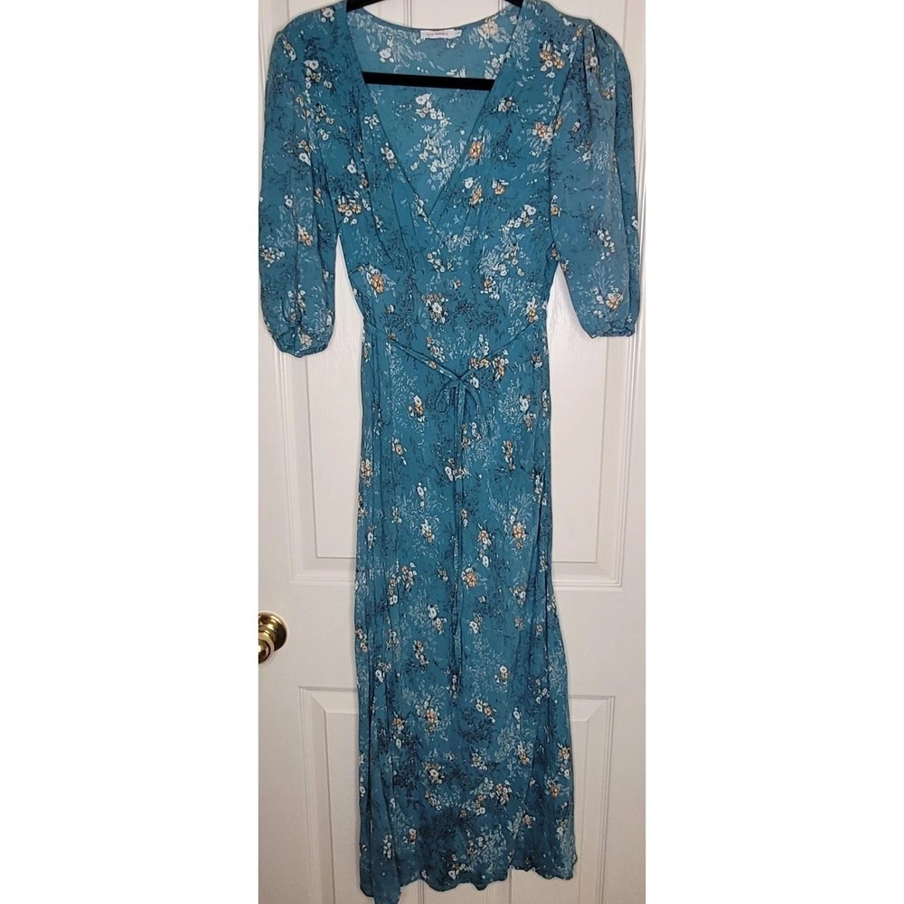 Lily Ashwell S Blue Floral Wrap Dress Long Tie Waist Ruffle Puff Sleeve 40's